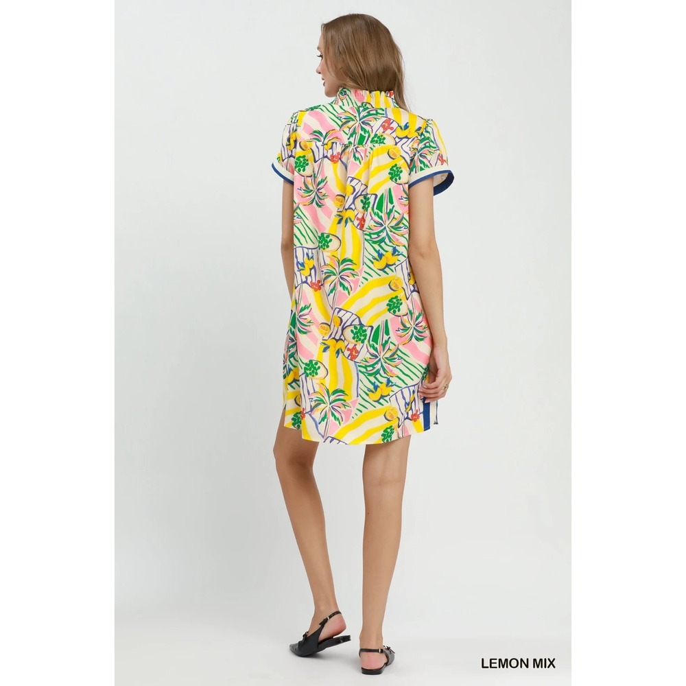 Umgee Tropical Print Collared Shift Dress - Lemon Mix - Large - Picture 3 of 5